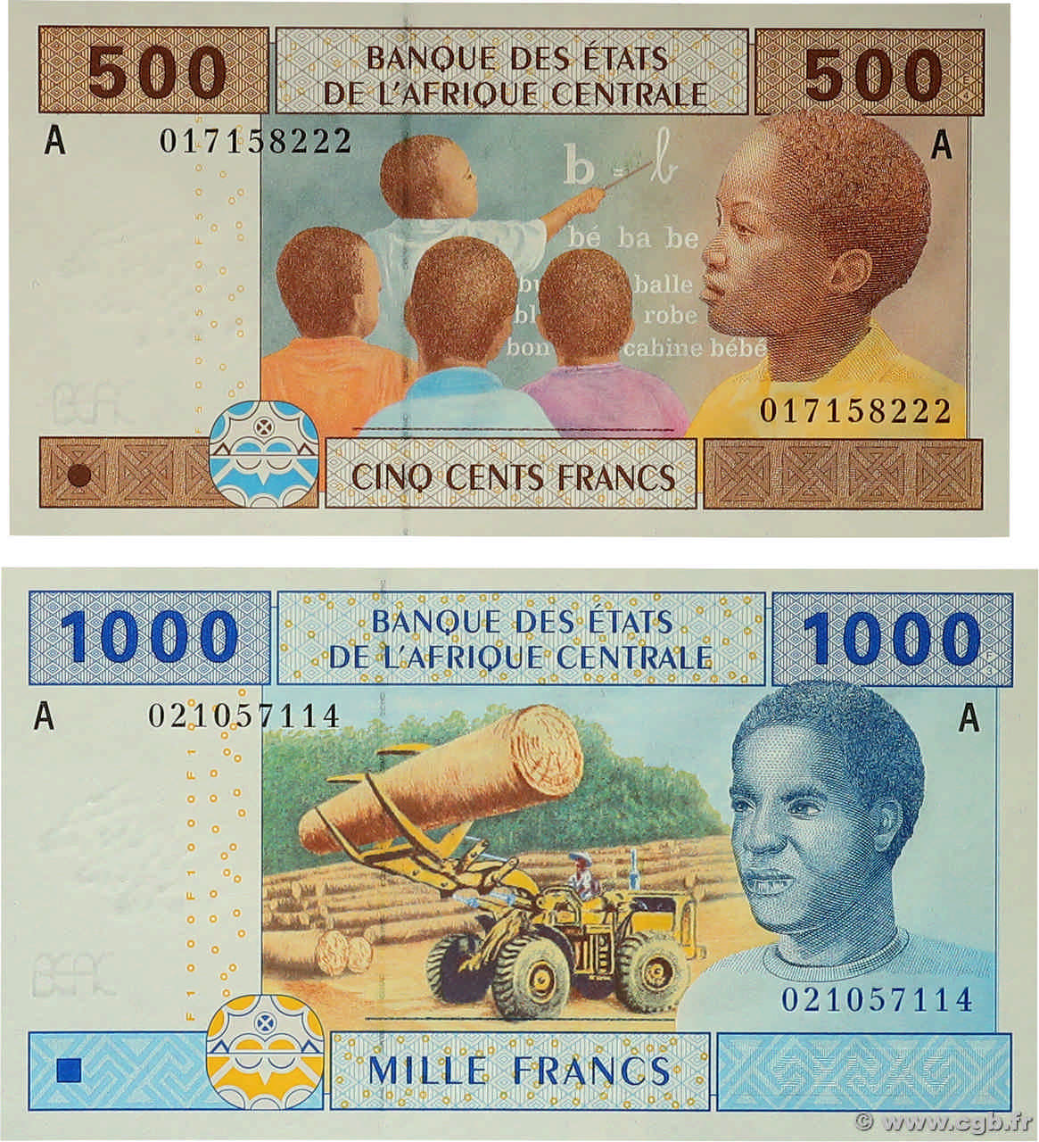 500 et 1000 Francs Lot ÉTATS DE L AFRIQUE CENTRALE  2002 P.406Aa et P.407Aa NEUF