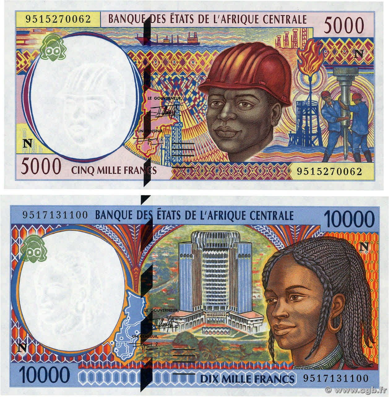 5000 et 10000 Francs Lot ZENTRALAFRIKANISCHE LÄNDER  1995 P.504Nb et P.505Nb fST+