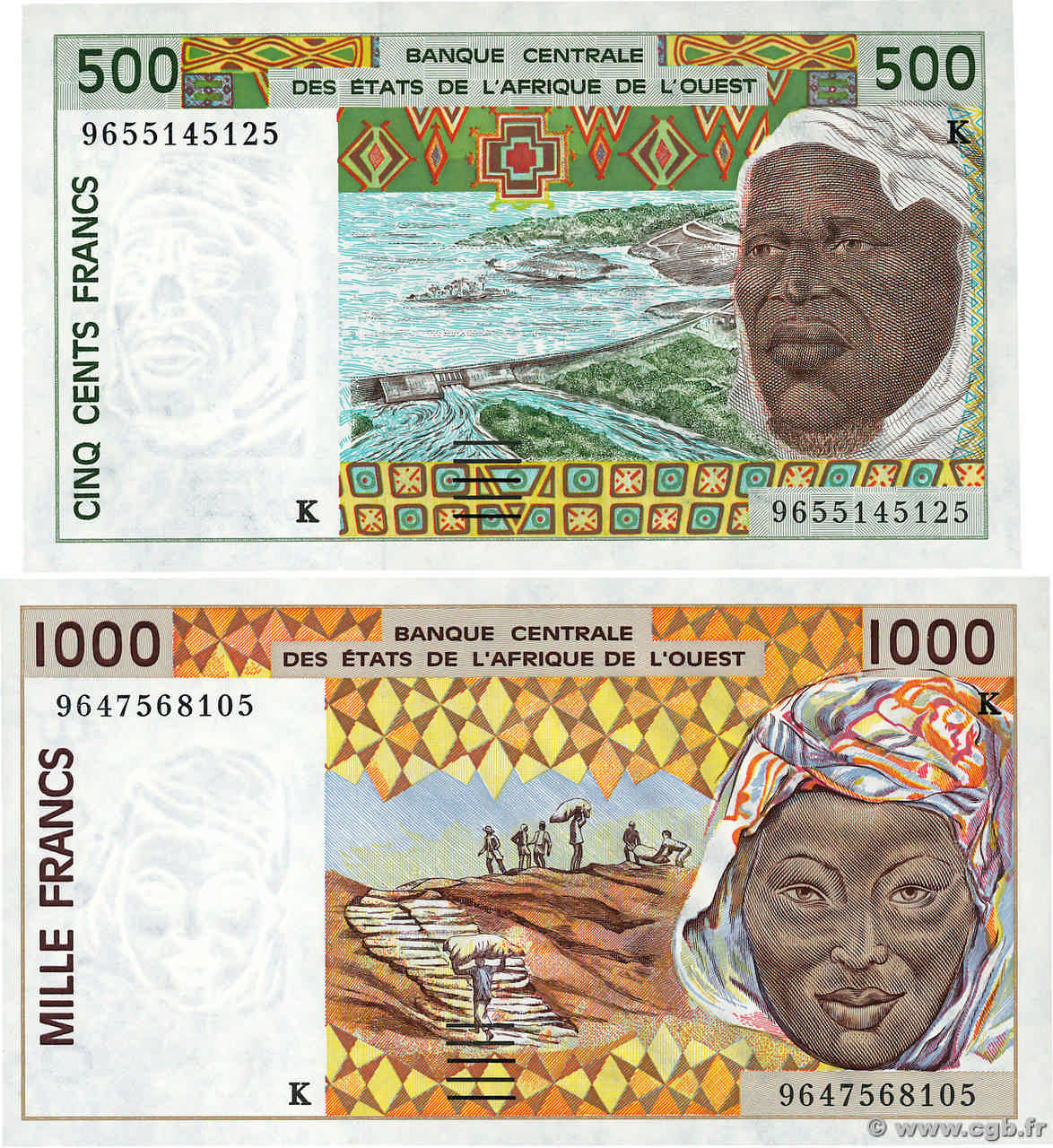 500 et 1000 Francs Lot ÉTATS DE L AFRIQUE DE L OUEST  1996 P.710Kf et P.711Kf pr.NEUF