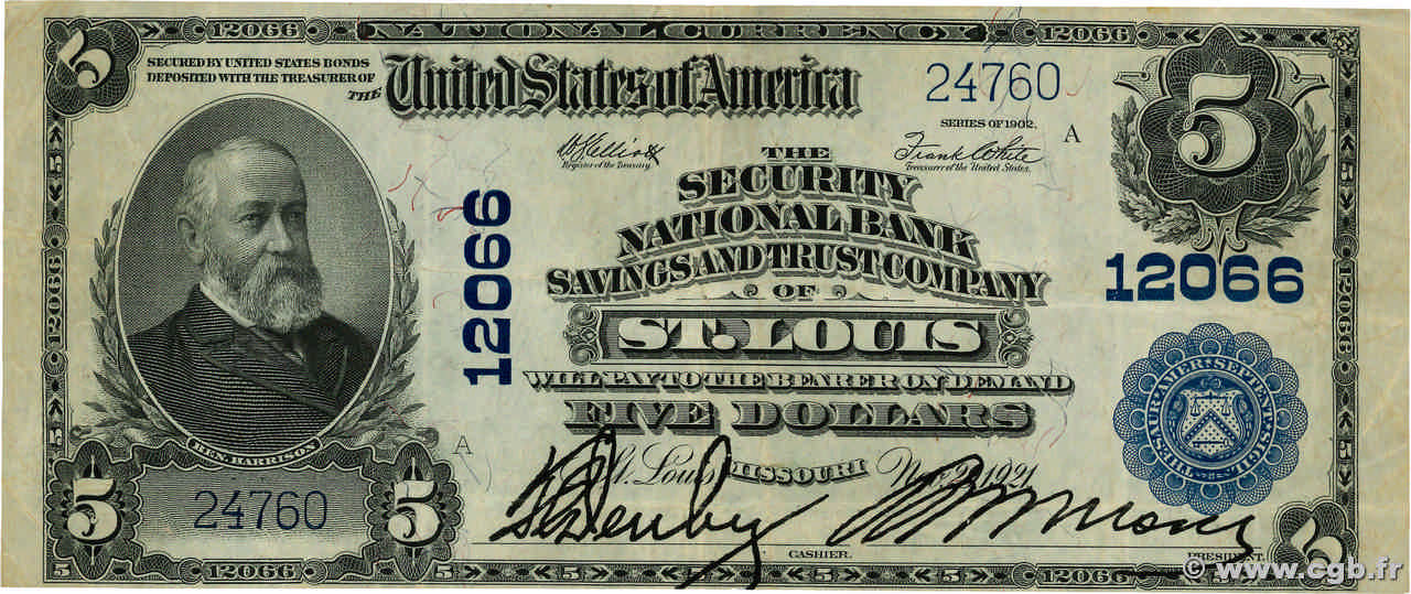 5 Dollars UNITED STATES OF AMERICA St.Louis 1921 FR.608 F+