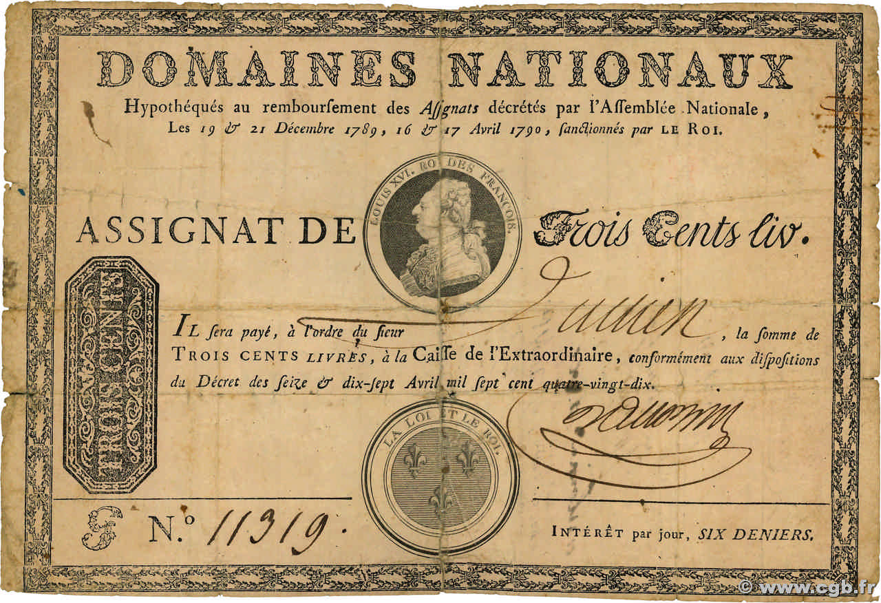 300 Livres avec coupons FRANCE  1790 Ass.02b B+