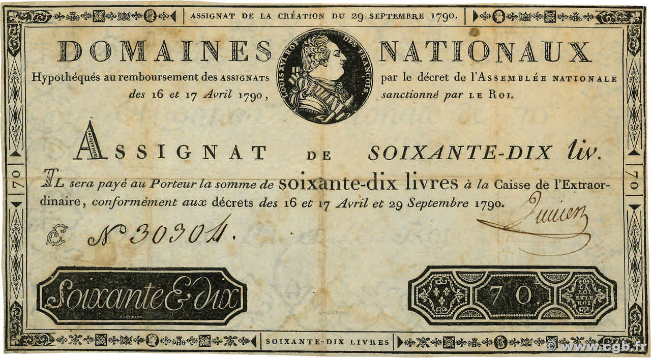 70 Livres FRANCIA  1790 Ass.06a BC+