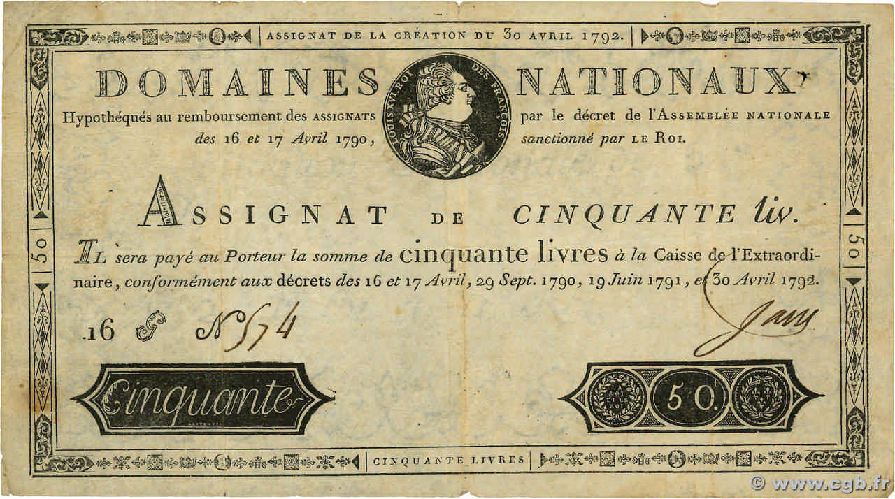 50 Livres FRANCE  1792 Ass.28a VF