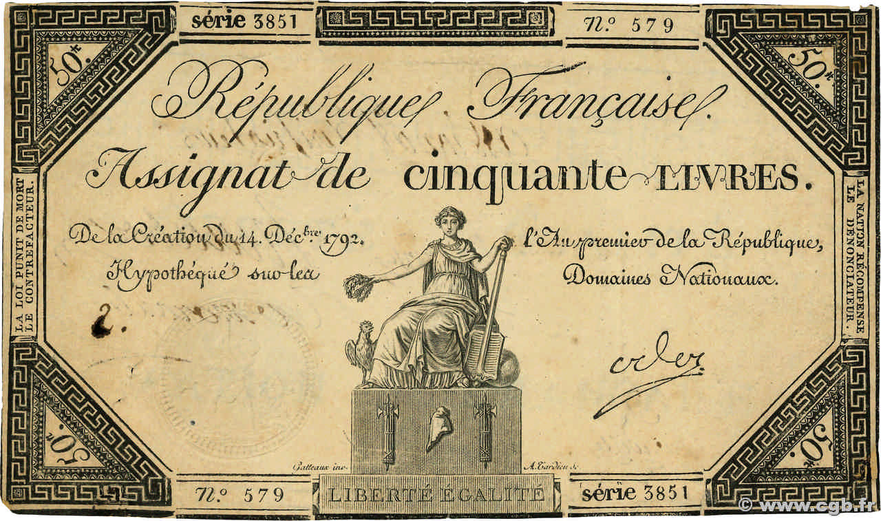 50 Livres Vérificateur FRANCE  1792 Ass.39a TTB