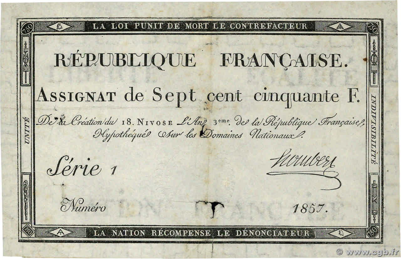 750 Francs Petit numéro FRANKREICH  1795 Ass.49a S