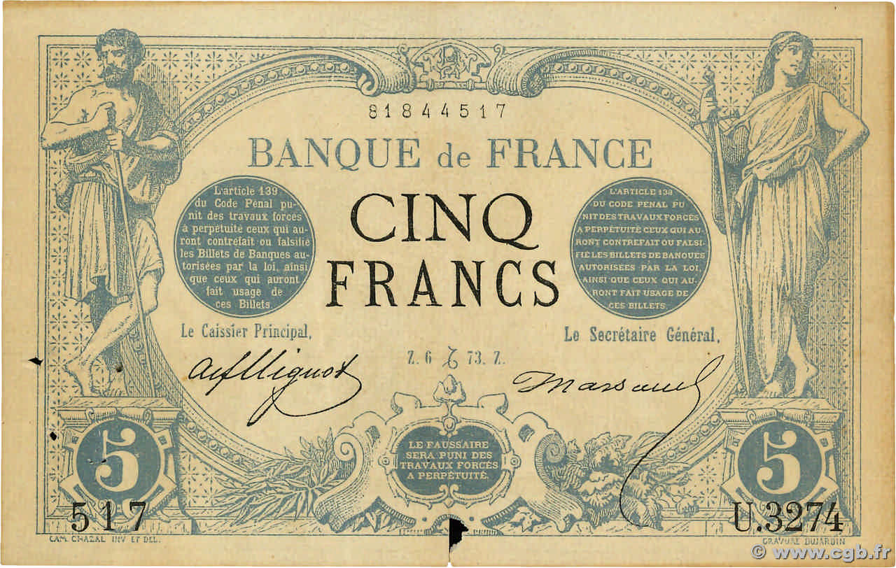 5 Francs NOIR FRANCIA  1873 F.01.24 BB