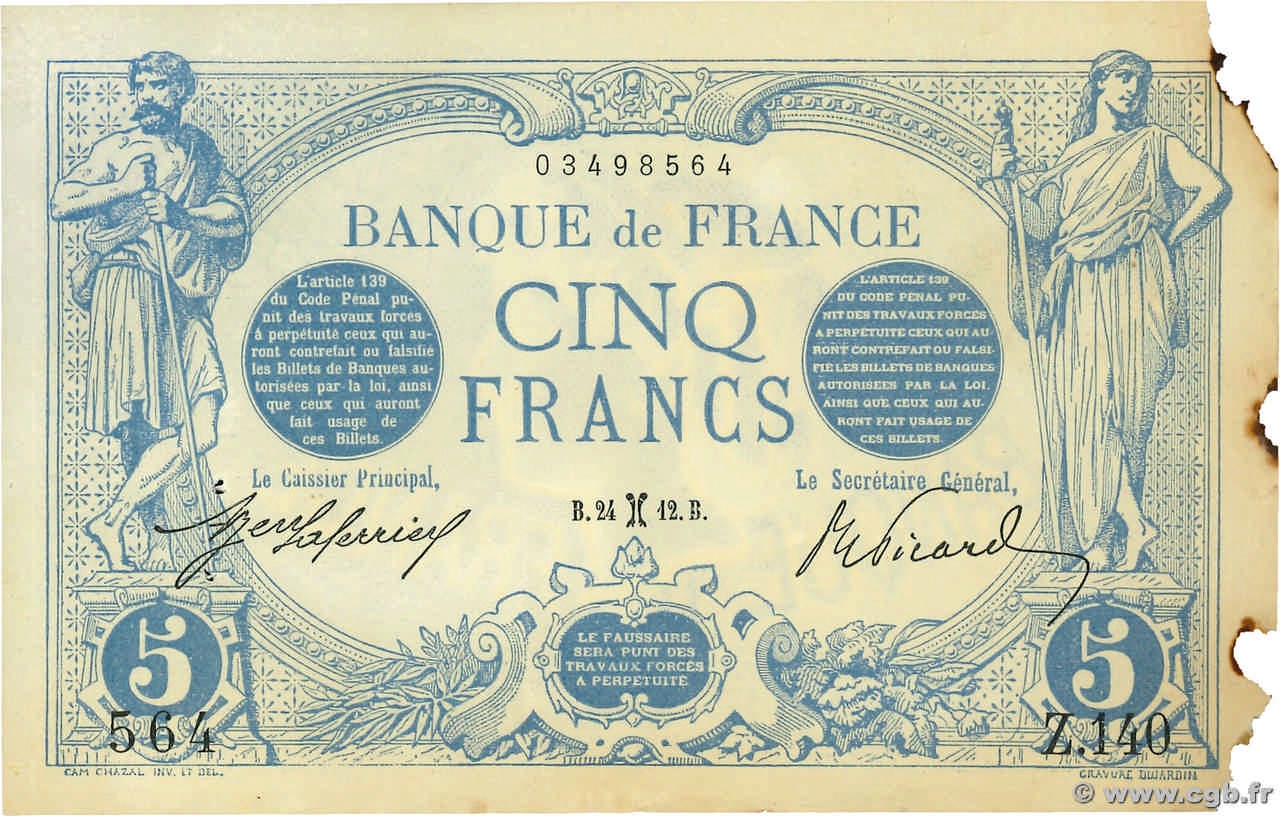 5 Francs BLEU FRANCIA  1912 F.02.02 EBC