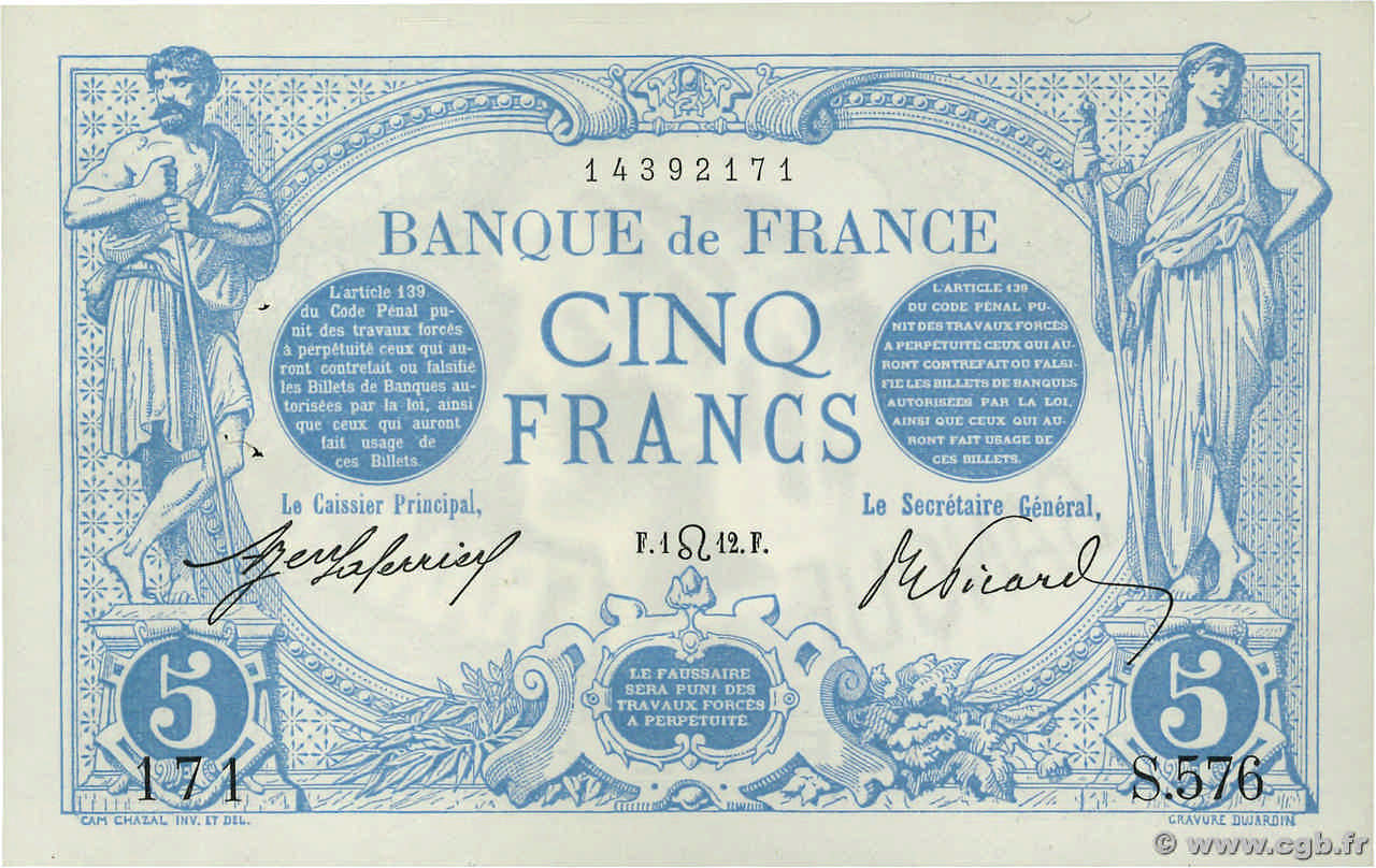 5 Francs BLEU FRANCE  1912 F.02.07 AU-