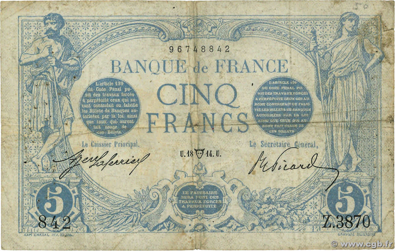 5 Francs BLEU FRANCIA  1914 F.02.22 BC