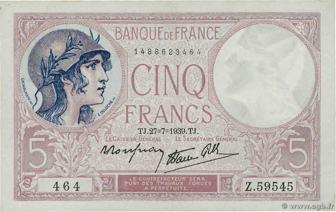 5 Francs FEMME CASQUÉE modifié FRANCE  1939 F.04.03 XF