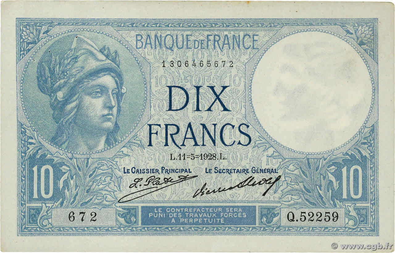 10 Francs MINERVE FRANCE  1928 F.06.13 pr.SPL