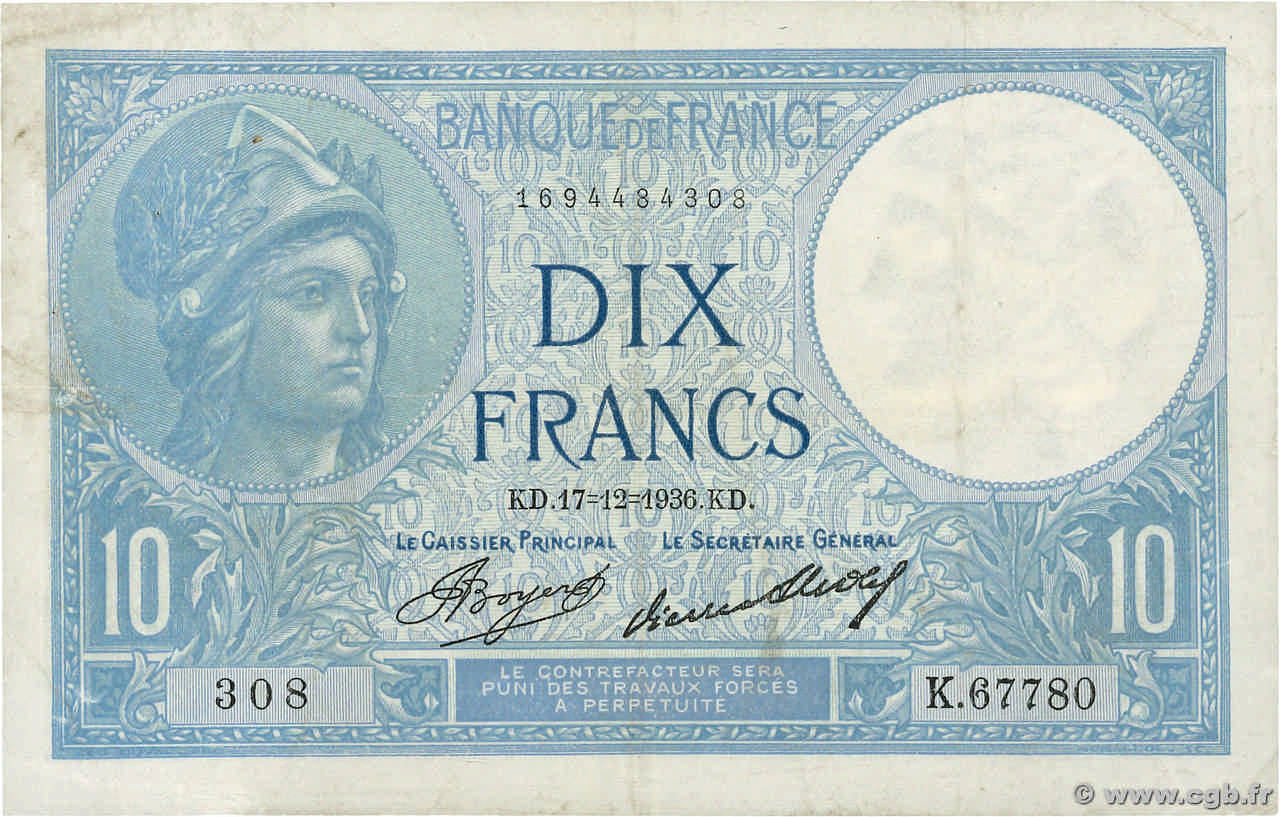 10 Francs MINERVE FRANCE  1936 F.06.17 TTB