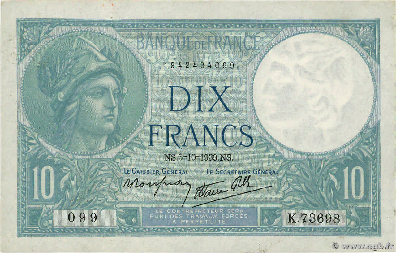10 Francs MINERVE modifié FRANCE  1939 F.07.10 SPL+
