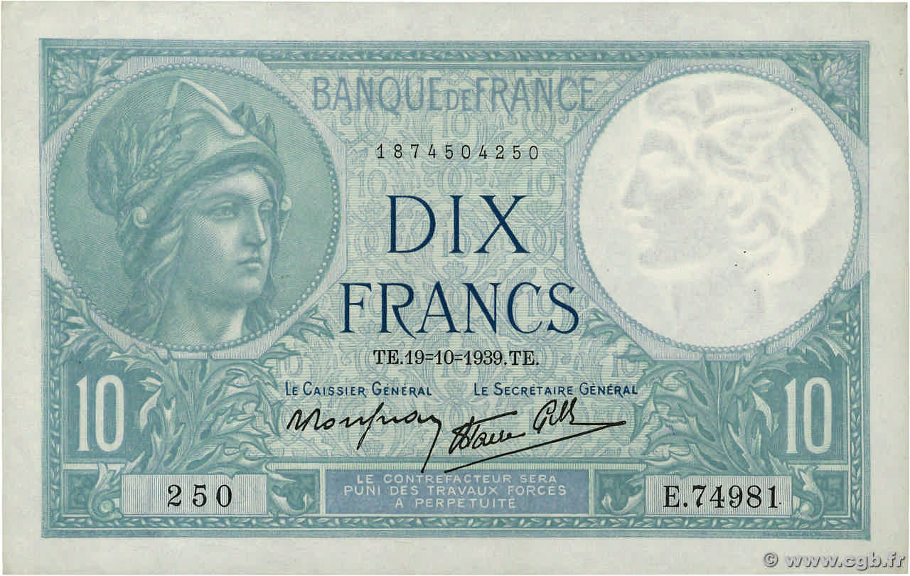 10 Francs MINERVE modifié FRANCE  1939 F.07.12 SPL