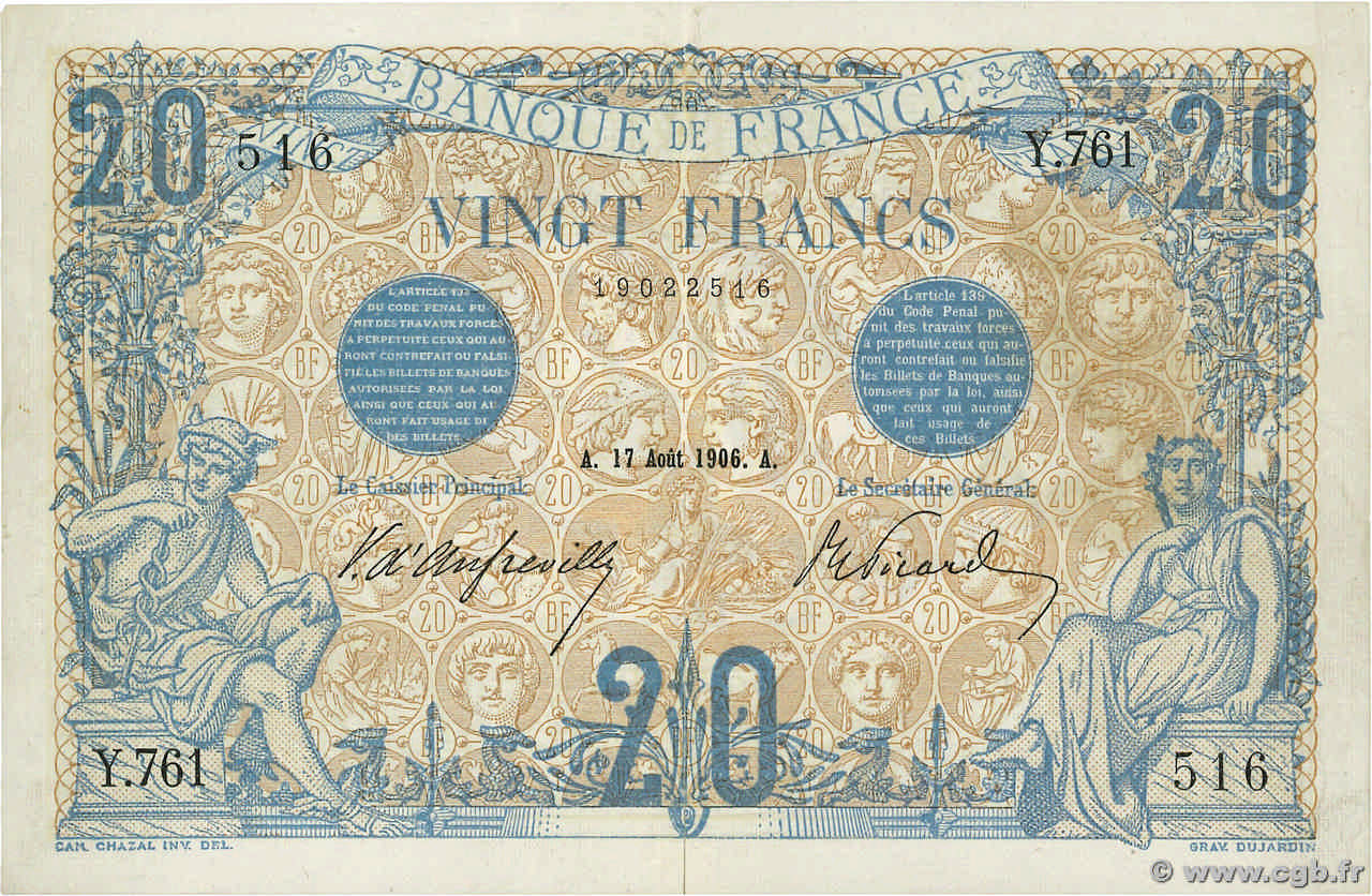 20 Francs BLEU FRANCIA  1906 F.10.01 SPL
