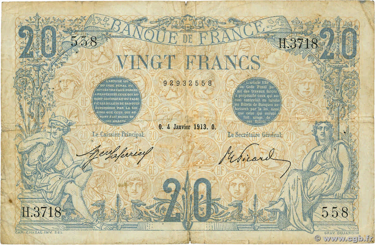 20 Francs BLEU FRANCIA  1913 F.10.03 MB