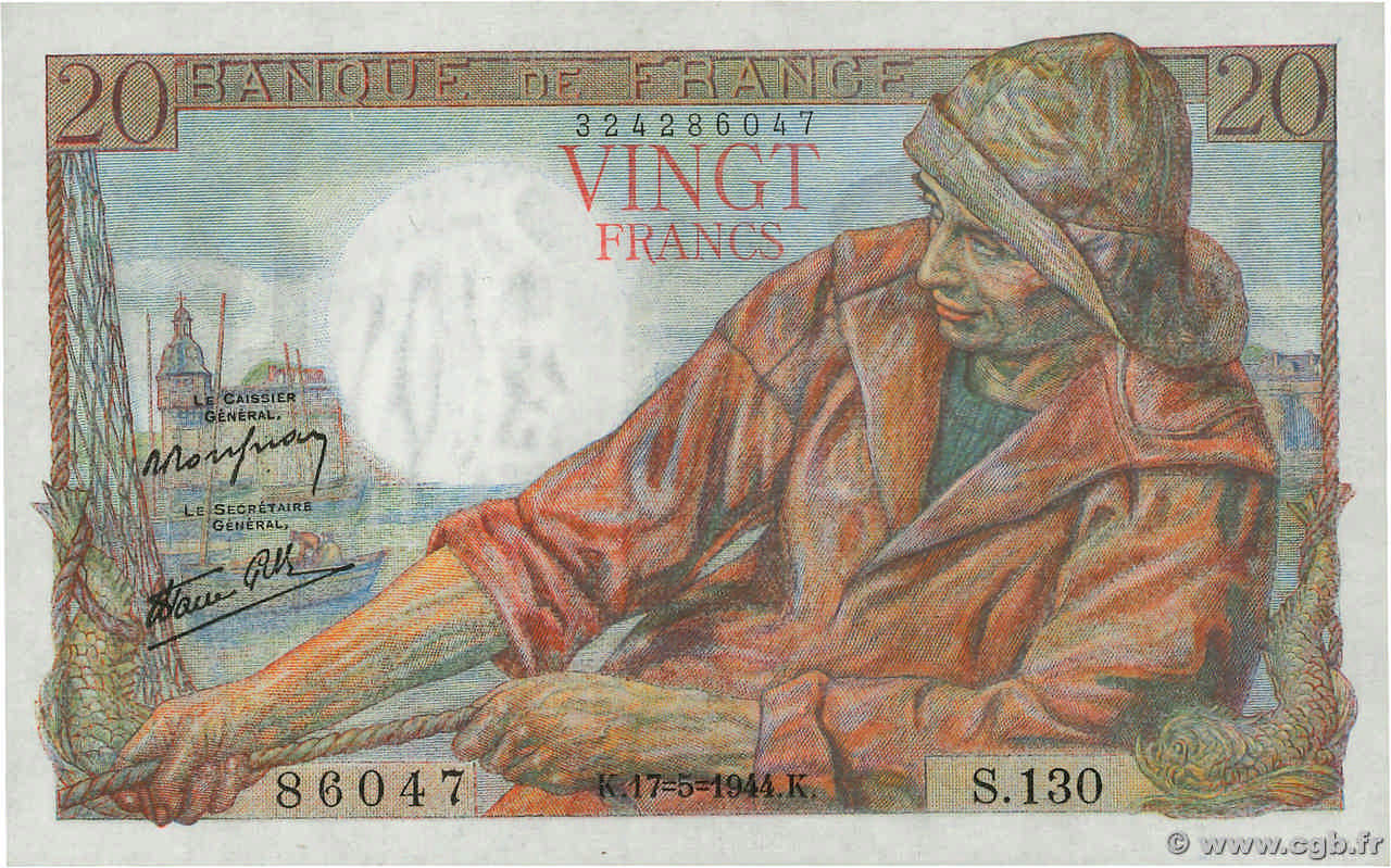 20 Francs PÊCHEUR FRANCE  1944 F.13.09 AU+