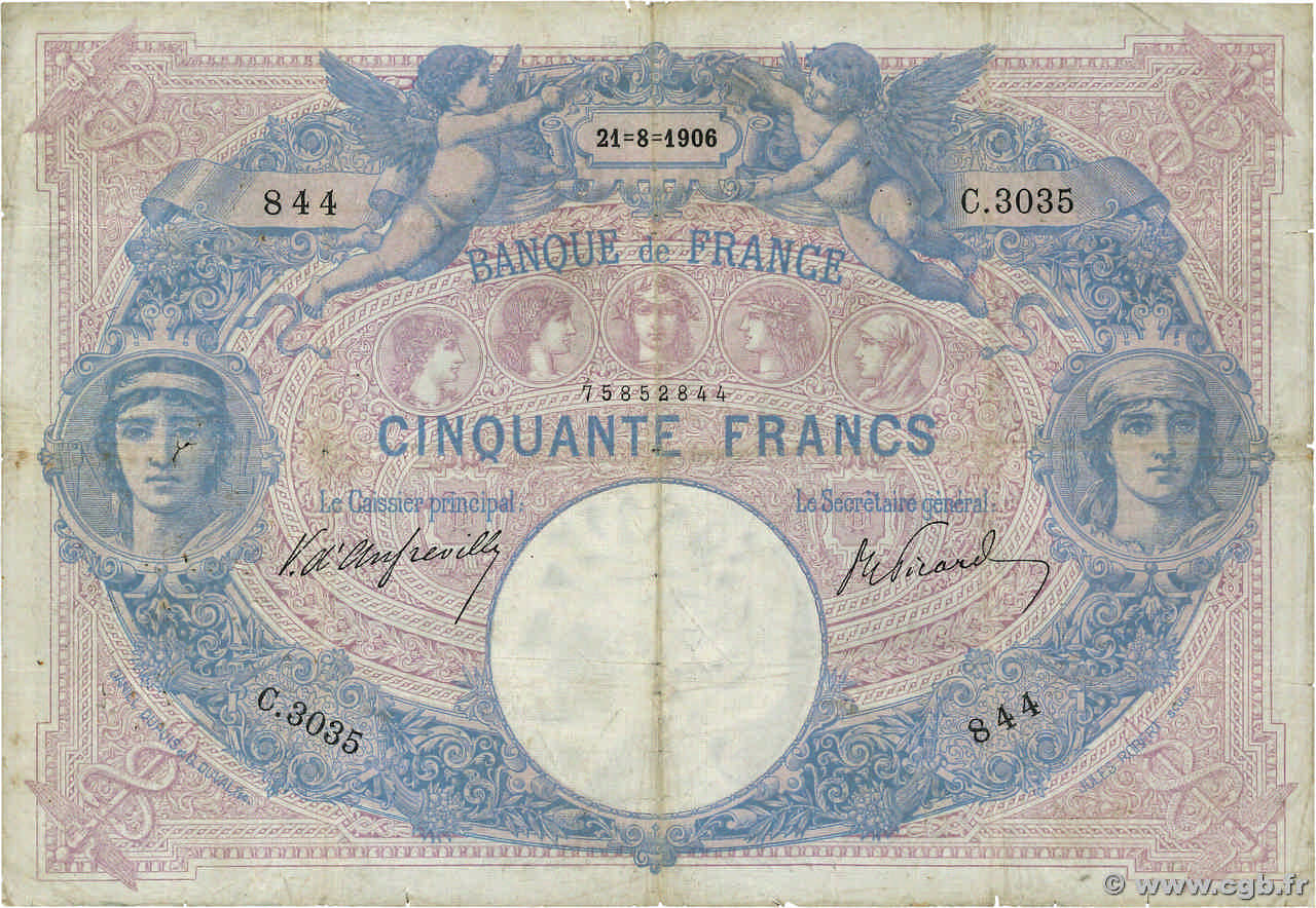 50 Francs BLEU ET ROSE FRANCIA  1906 F.14.18 MC