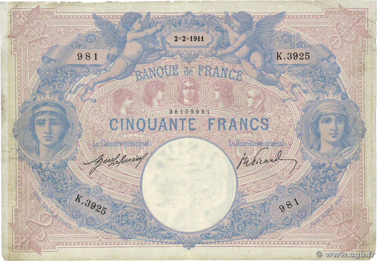 50 Francs BLEU ET ROSE FRANCE  1911 F.14.24 pr.TTB