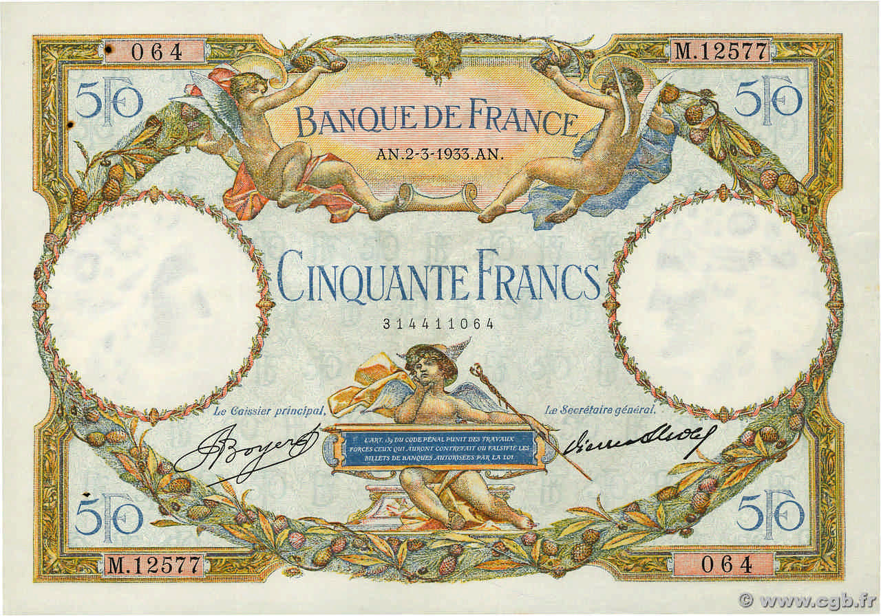50 Francs LUC OLIVIER MERSON type modifié FRANCE  1933 F.16.04 VF+
