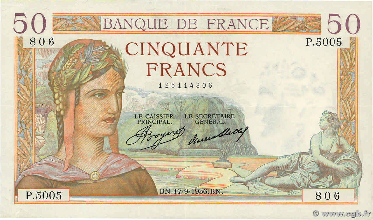 50 Francs CÉRÈS FRANKREICH  1936 F.17.30 fVZ