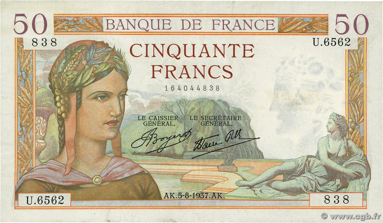 50 Francs CÉRÈS modifié FRANCE  1937 F.18.01 TB+