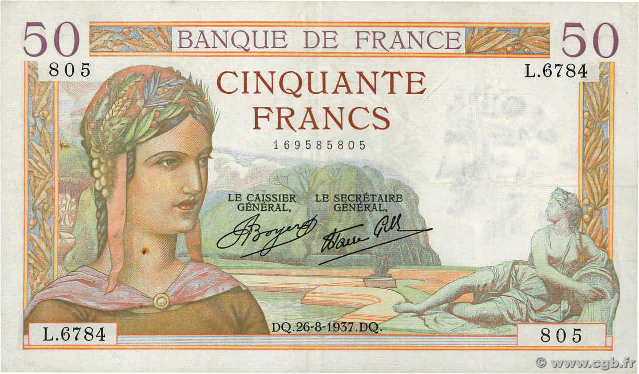 50 Francs CÉRÈS modifié FRANCE  1937 F.18.02 TB