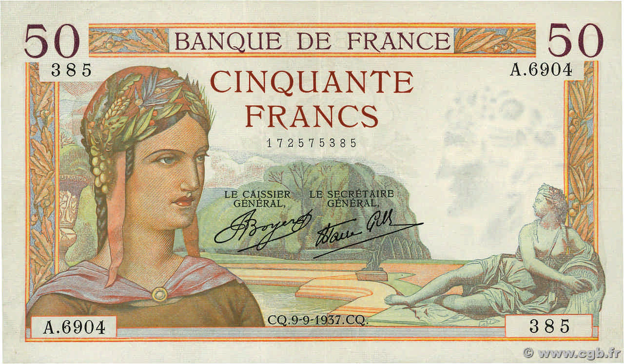 50 Francs CÉRÈS modifié FRANCIA  1937 F.18.03 MBC+