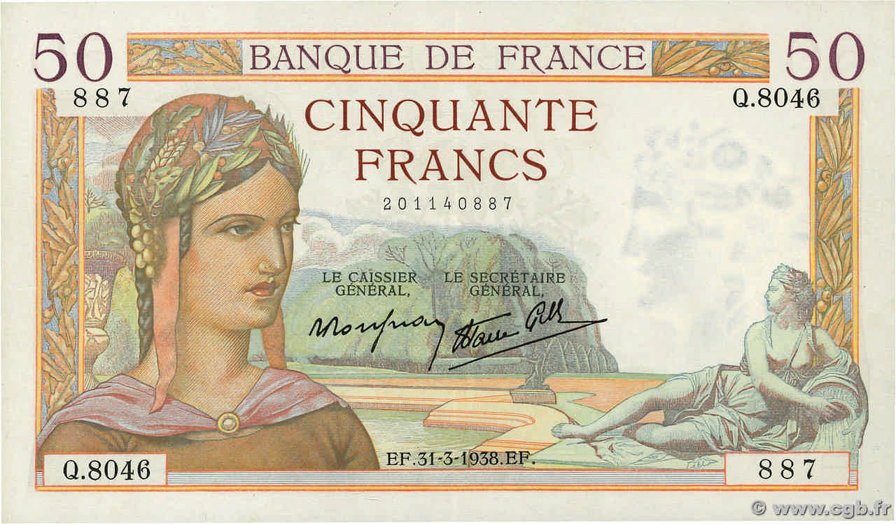 50 Francs CÉRÈS modifié FRANCE  1938 F.18.11 SUP+