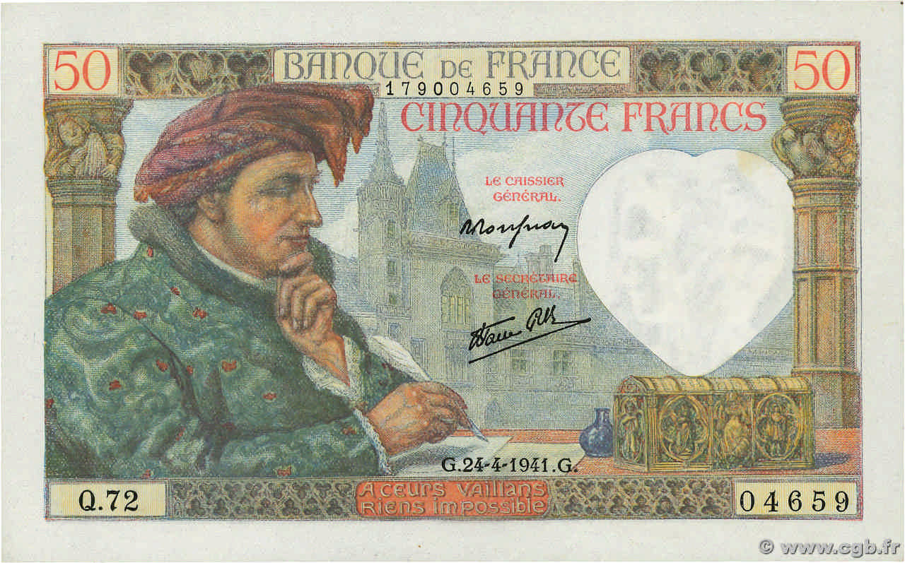50 Francs JACQUES CŒUR FRANCIA  1941 F.19.09 SC+