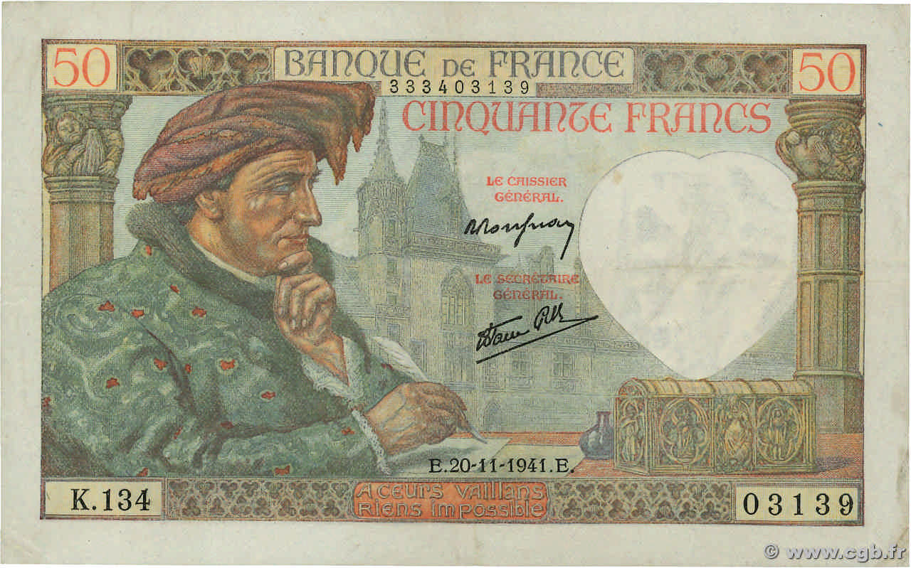 50 Francs JACQUES CŒUR FRANCE  1941 F.19.16 VF+