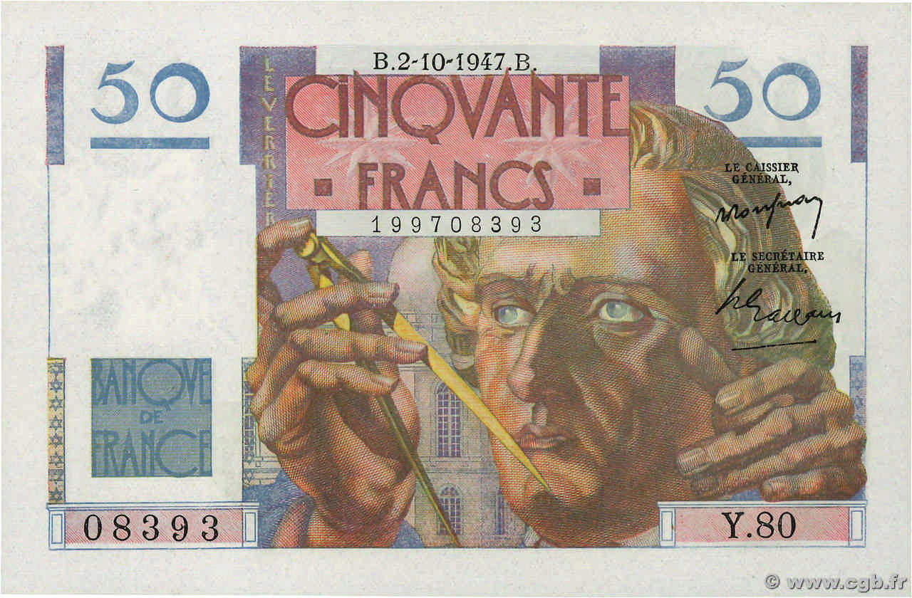 50 Francs LE VERRIER FRANCE  1947 F.20.09 AU+