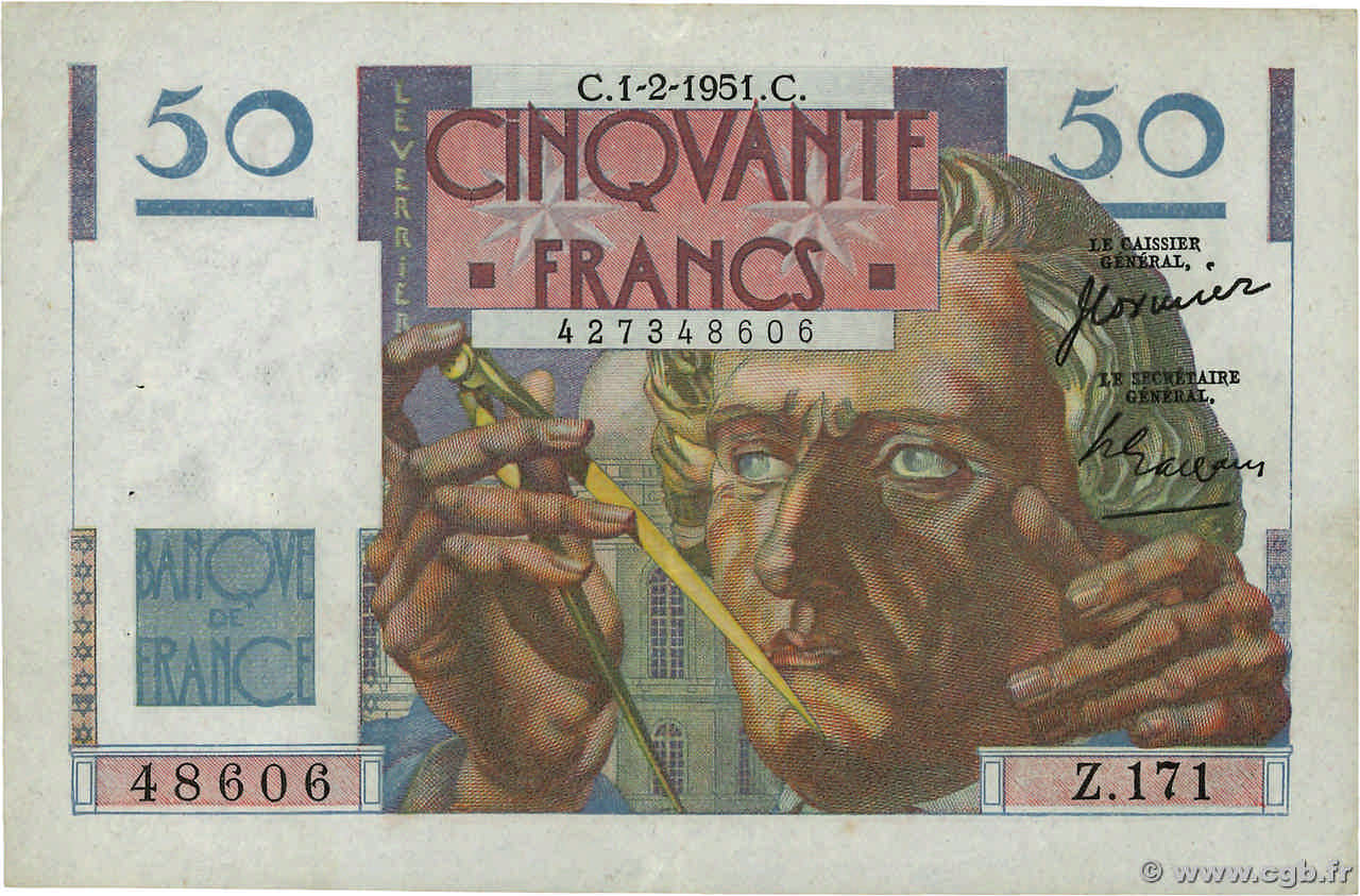 50 Francs LE VERRIER FRANCE  1951 F.20.17 VF+