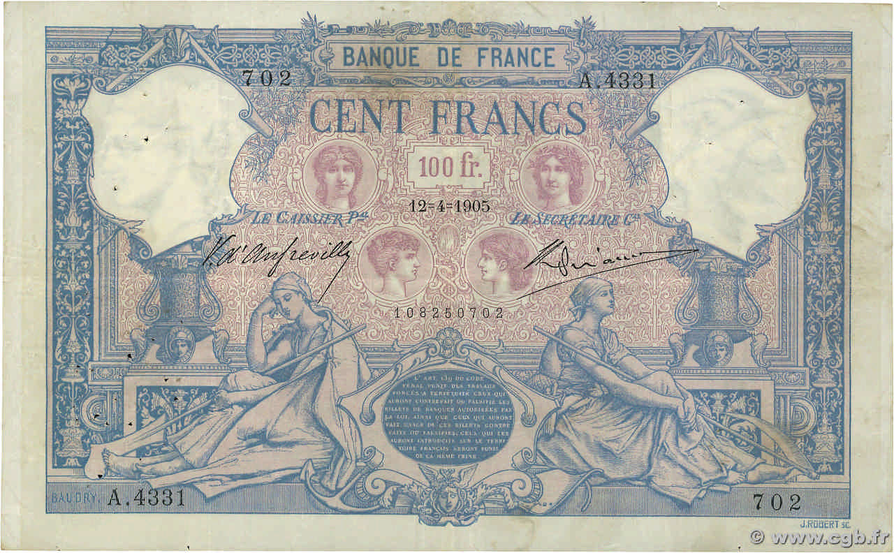 100 Francs BLEU ET ROSE FRANCE  1905 F.21.19 pr.TTB