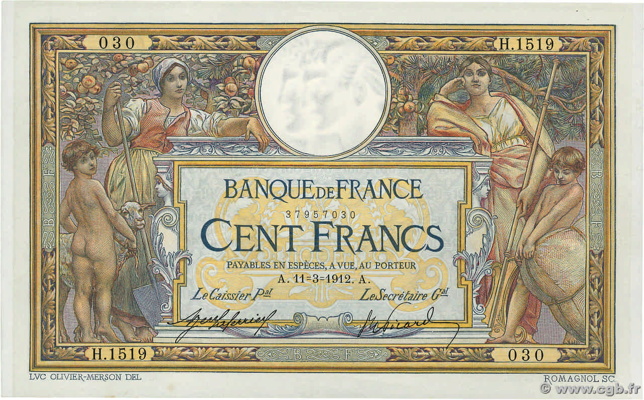 100 Francs LUC OLIVIER MERSON sans LOM FRANCE  1912 F.23.04 XF