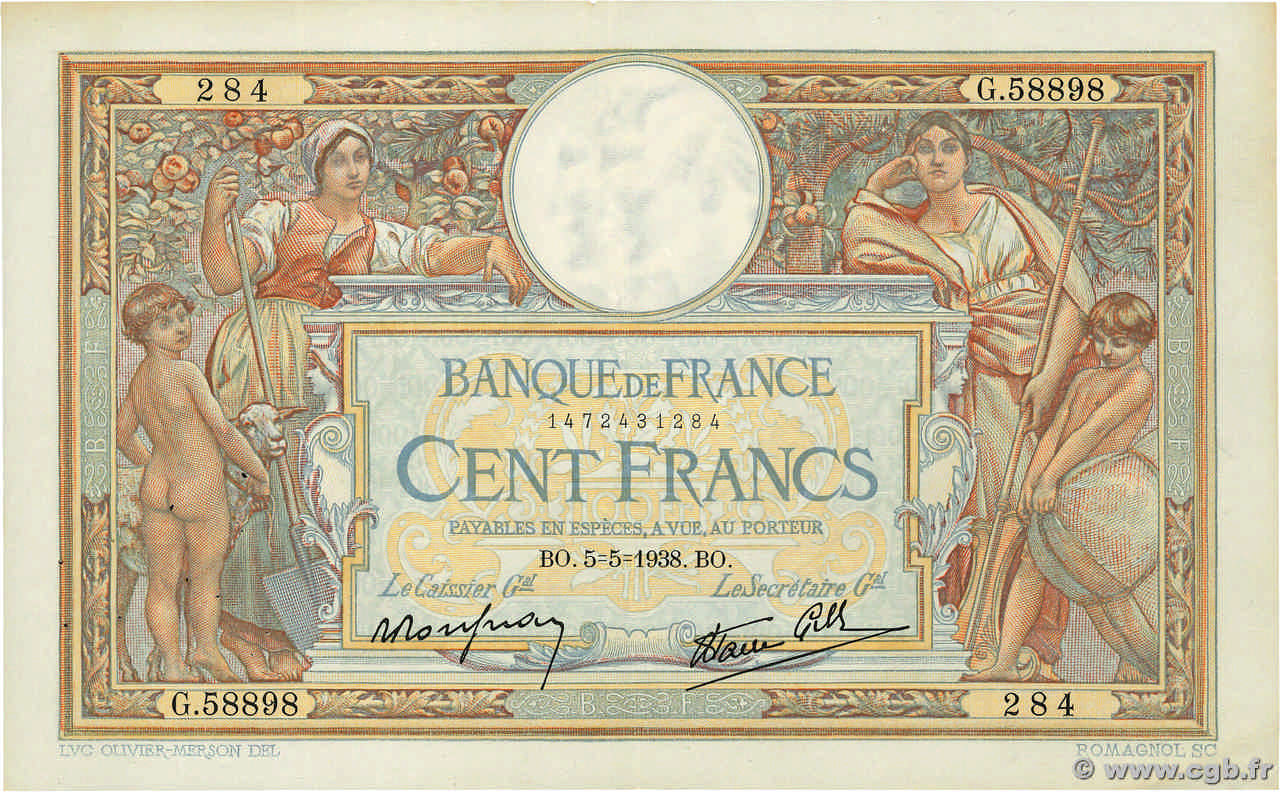 100 Francs LUC OLIVIER MERSON type modifié FRANCIA  1938 F.25.17 MBC