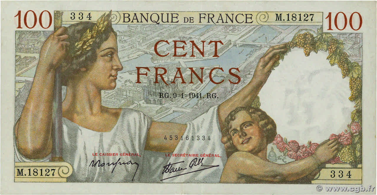 100 Francs SULLY FRANCE  1941 F.26.44 TTB+