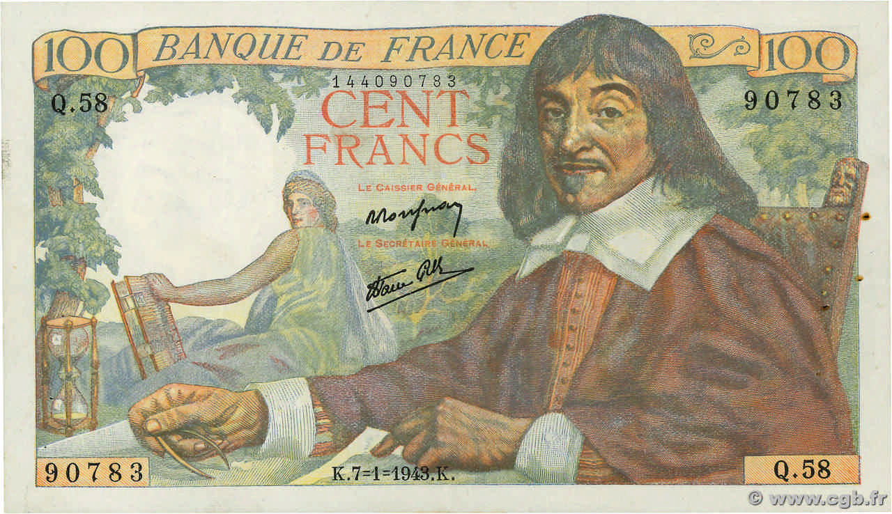 100 Francs DESCARTES FRANCE  1943 F.27.03 VF+