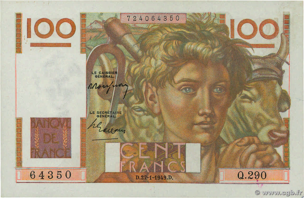 100 Francs JEUNE PAYSAN FRANCE  1949 F.28.21 UNC-