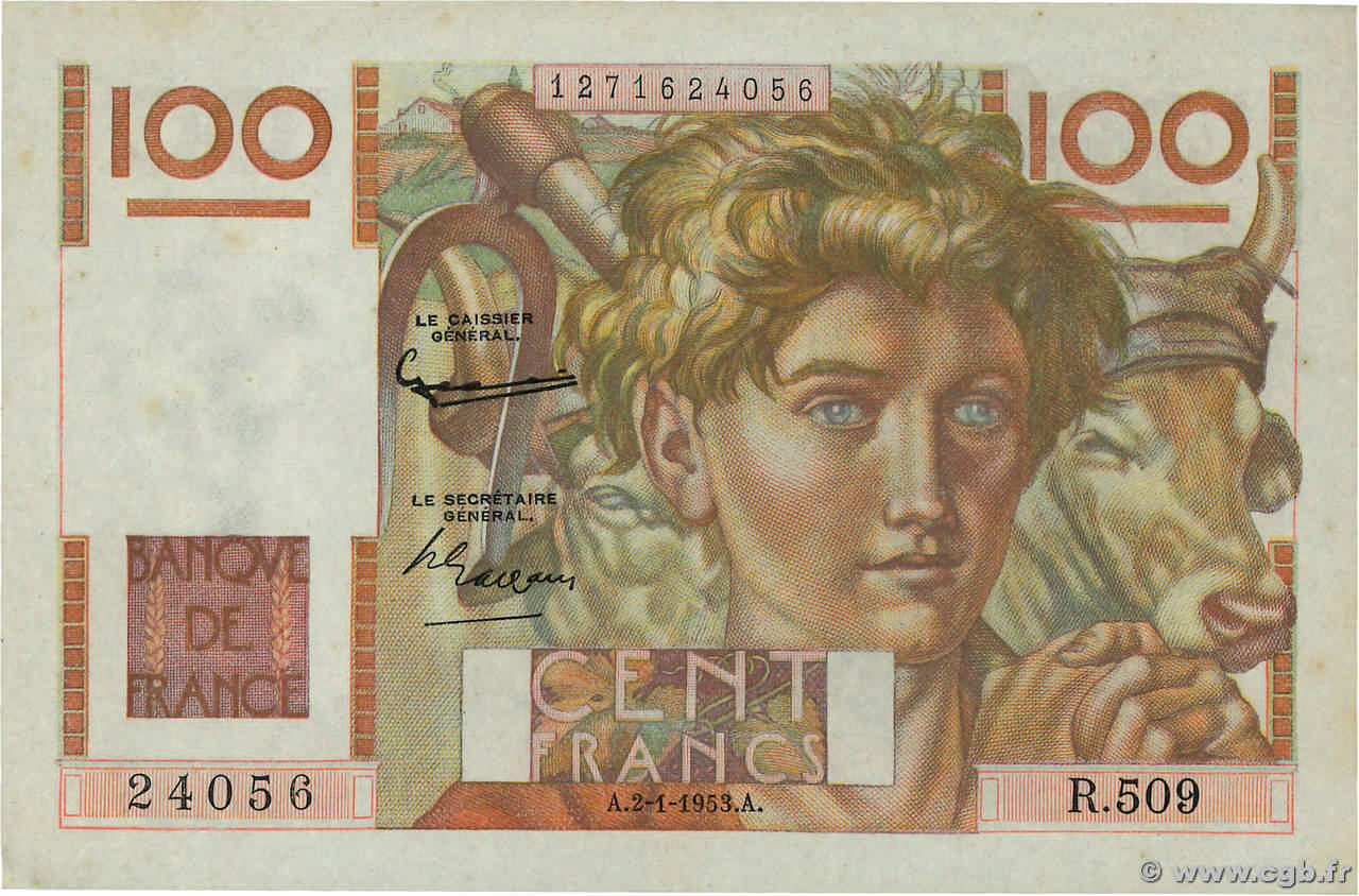 100 Francs JEUNE PAYSAN FRANCE  1953 F.28.35 AU+