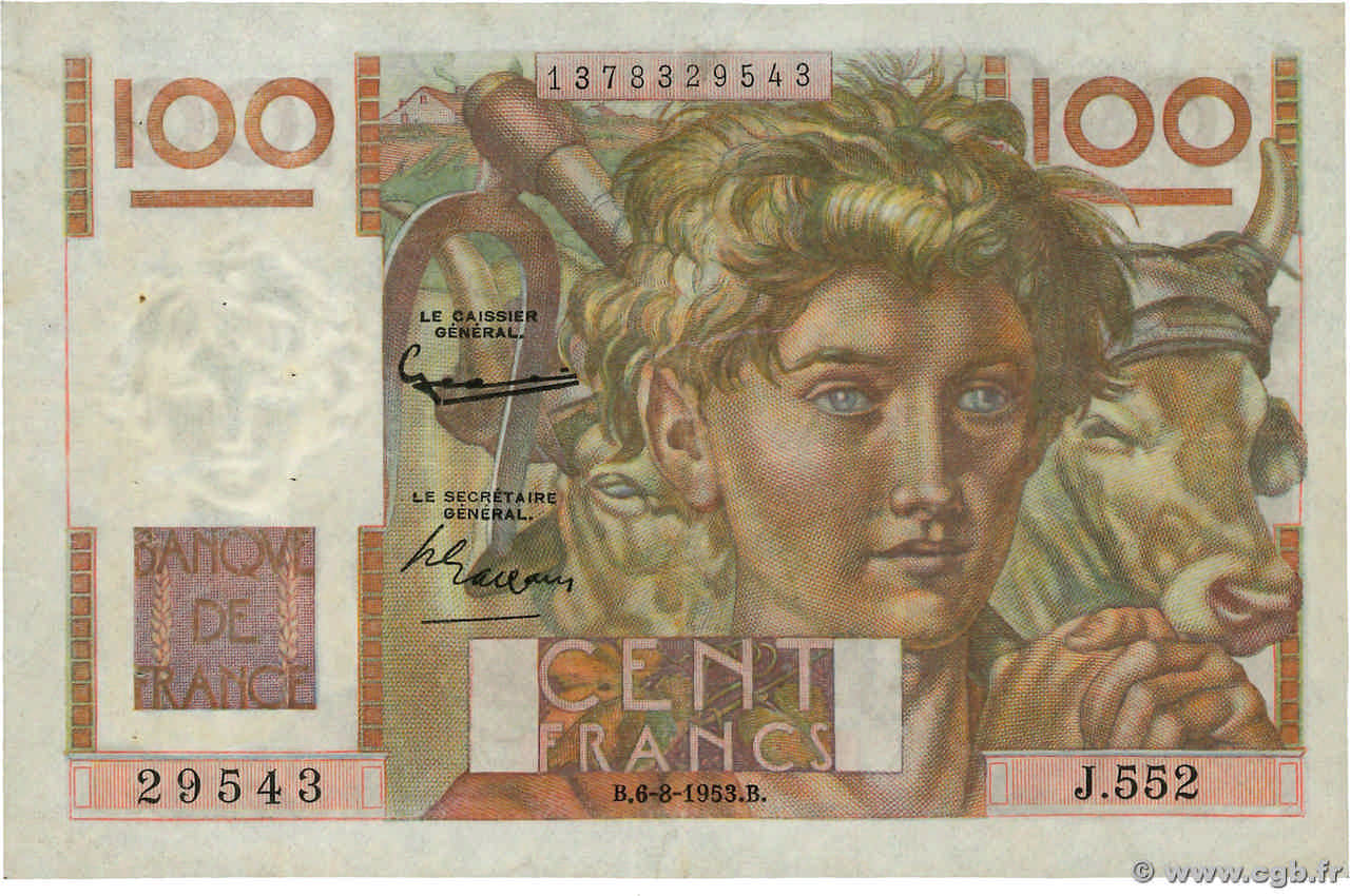 100 Francs JEUNE PAYSAN filigrane inversé FRANCE  1952 F.28bis.02 pr.TTB