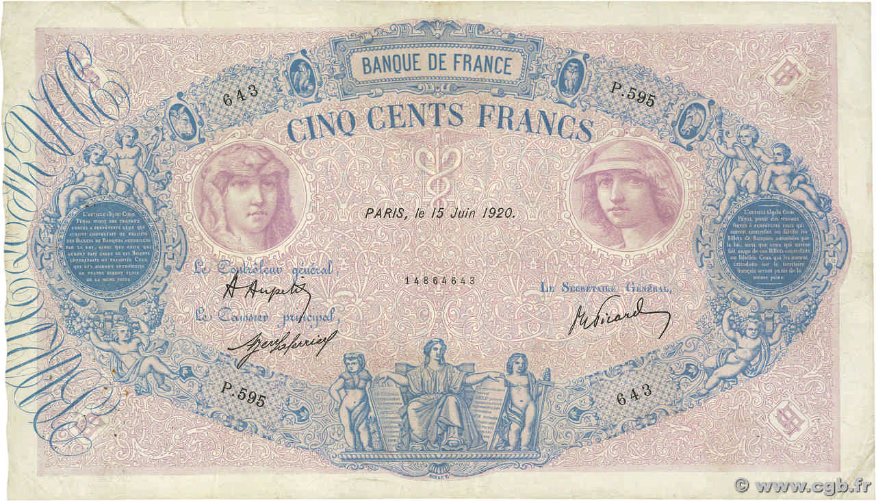 500 Francs BLEU ET ROSE FRANKREICH  1920 F.30.24 S