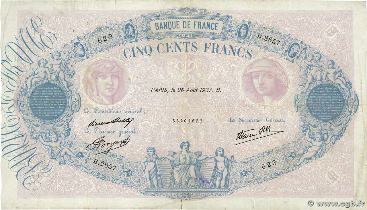 500 Francs BLEU ET ROSE modifié FRANCIA  1937 F.31.02 MB