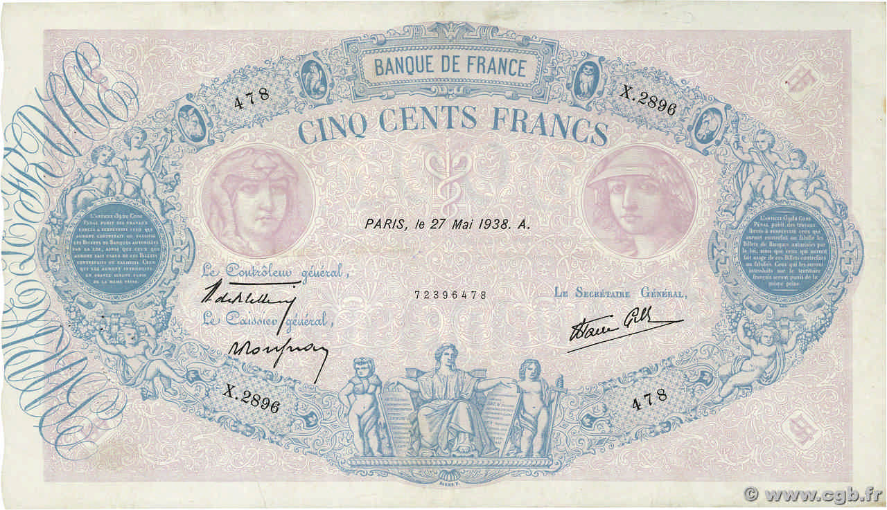 500 Francs BLEU ET ROSE modifié FRANCIA  1938 F.31.12 BB
