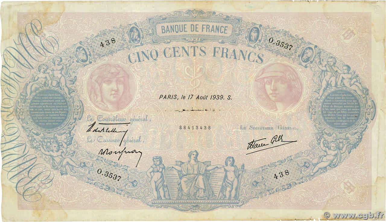 500 Francs BLEU ET ROSE modifié FRANCE  1939 F.31.38 B+