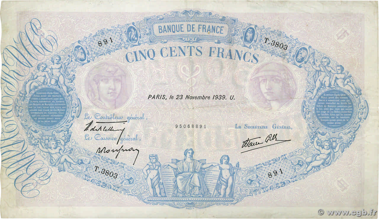 500 Francs BLEU ET ROSE modifié FRANCE  1939 F.31.49 VF