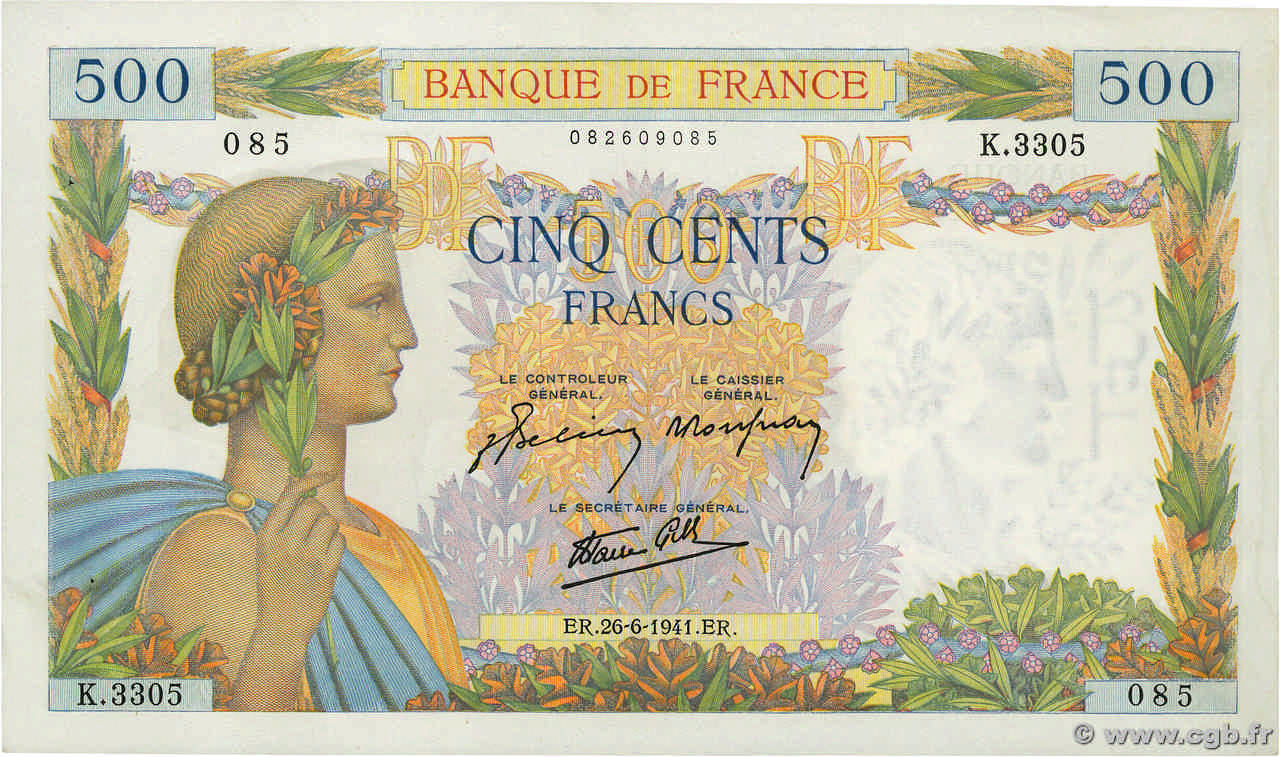 500 Francs LA PAIX FRANKREICH  1941 F.32.19 fST