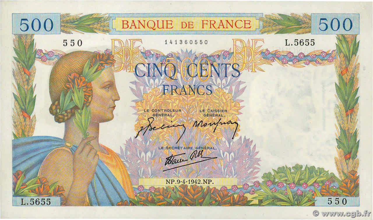 500 Francs LA PAIX FRANKREICH  1942 F.32.34 fST+