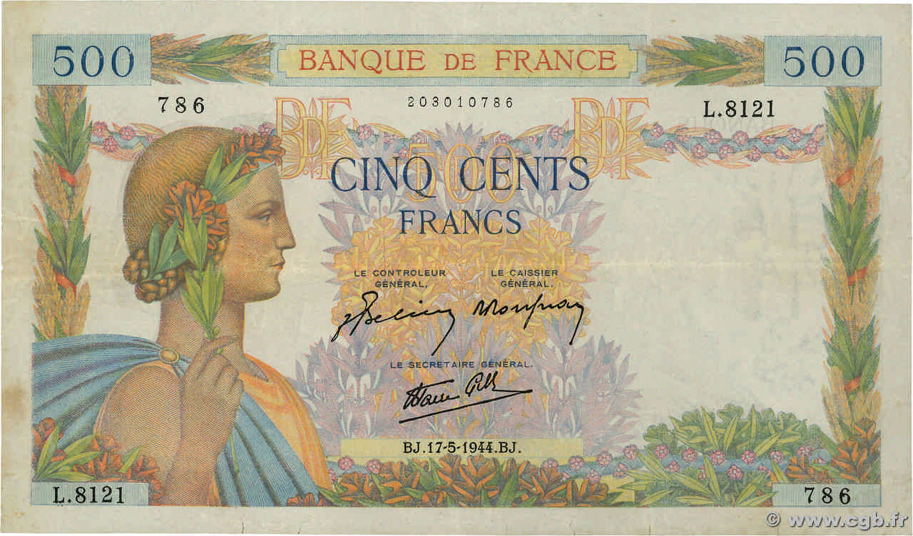 500 Francs LA PAIX FRANCIA  1944 F.32.47 q.BB