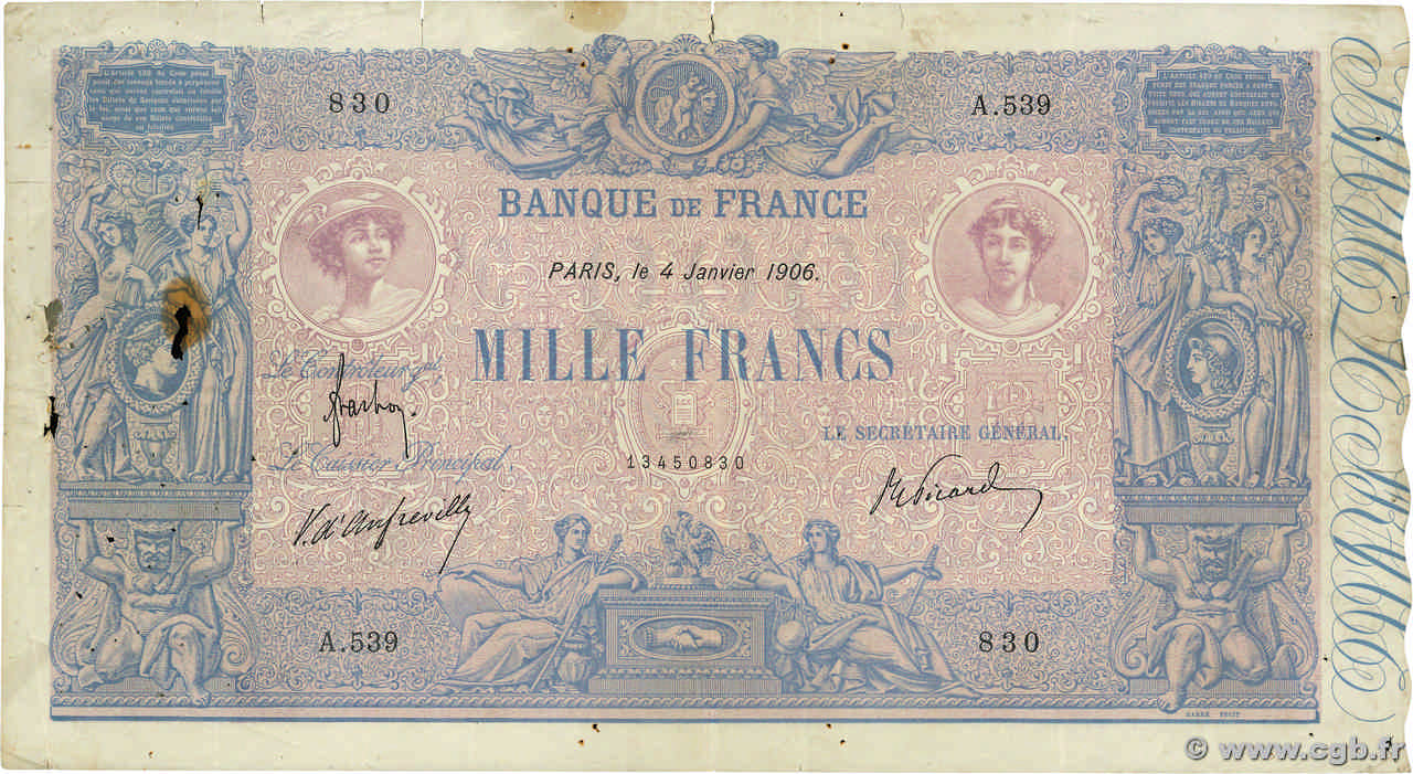 1000 Francs BLEU ET ROSE FRANCIA  1906 F.36.20 RC+